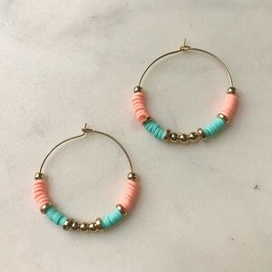 Bohemian Style Beaded Hoops Coral, Turquoise and Gold